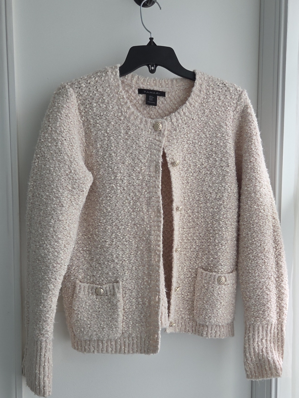 Tahari Cream Bouclé Button-Front Cardigan with Pocket Details